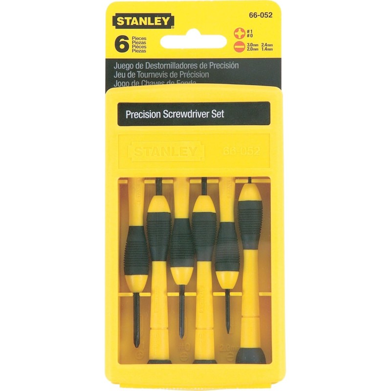 Stanley 6Pc Precision Screwdriver Set (66-052) Bi Material Slotted 1.4mm, 2mm, 2.4mm, 3mm & Phillips 0, 1