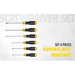 Stanley 6Pc Cushion Grip Magnetic Tip Screwdriver Set (STHT65242-8) - Phillips, Standard Parallel, Slotted